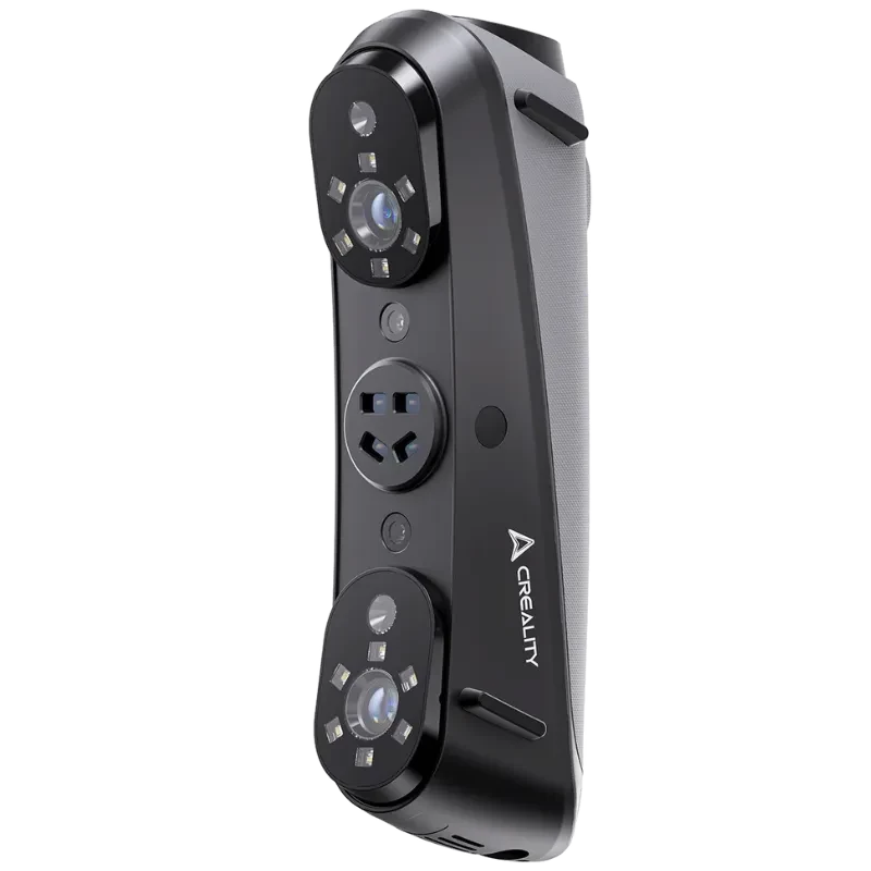 Escáner 3D Creality Sermoon S1 portátil en color negro, cuerpo compacto con tres módulos ópticos frontales y luces LED integradas para captura precisa