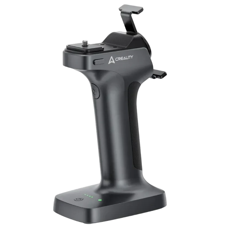 Creality Mango para Escaner Creality RaptorX, empuñadura ergonómica negra con base estable, botón lateral, LEDs de estado y soporte superior ajustable