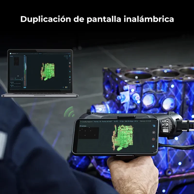 Creality Mango para Escaner Creality RaptorX mostrando duplicación de pantalla inalámbrica en móvil y laptop, interfaz de escaneo 3D con malla verde en