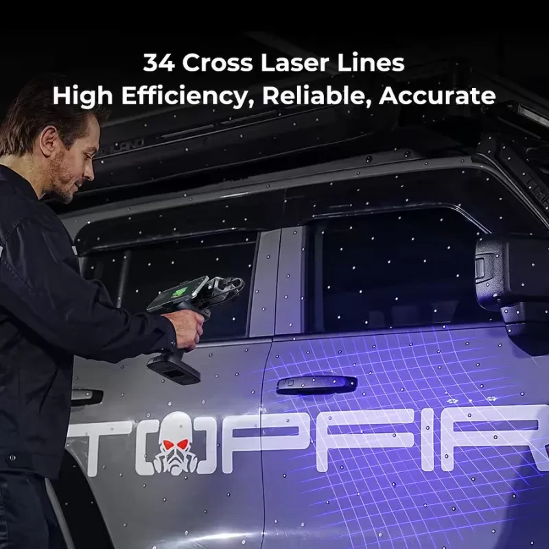 Creality RaptorX scanner 3D portátil com corpo ergonômico, tela e LEDs; captura com 41 linhas laser azuis e luz NIR, alta precisão e eficiência em
