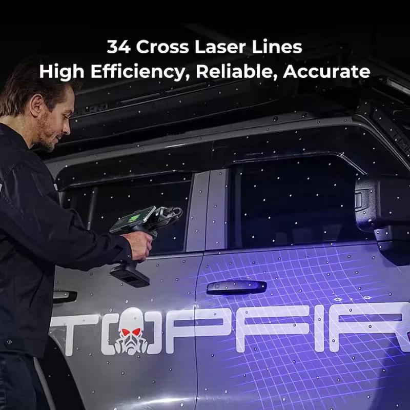Creality RaptorX scanner 3D portátil com corpo ergonômico, tela e LEDs; captura com 41 linhas laser azuis e luz NIR, alta precisão e eficiência em