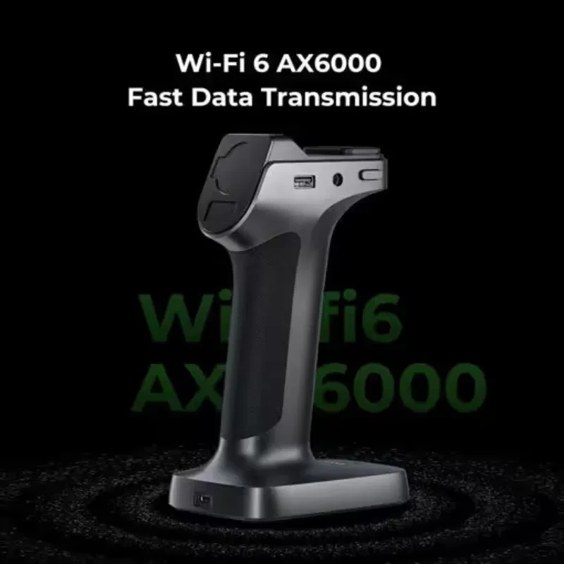 Creality RaptorX scanner 3D portátil em preto, corpo ergonômico com base estável, porta USB visível e indicador, destaca Wi‑Fi 6 AX6000 para