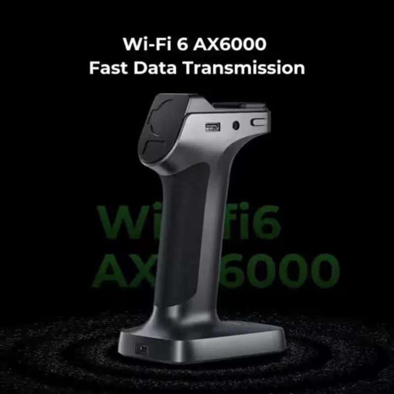 Creality RaptorX scanner 3D portátil em preto, corpo ergonômico com base estável, porta USB visível e indicador, destaca Wi‑Fi 6 AX6000 para