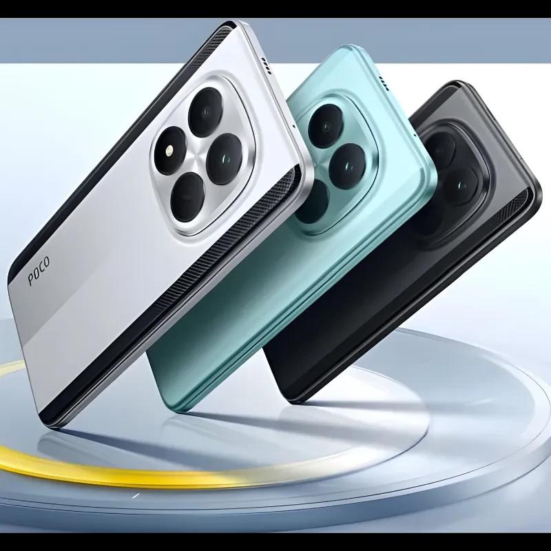 Xiaomi Poco M8 5G preto com tela quase sem bordas, furo central para câmera frontal e padrão gráfico em amarelo, cinza e prateado na tela