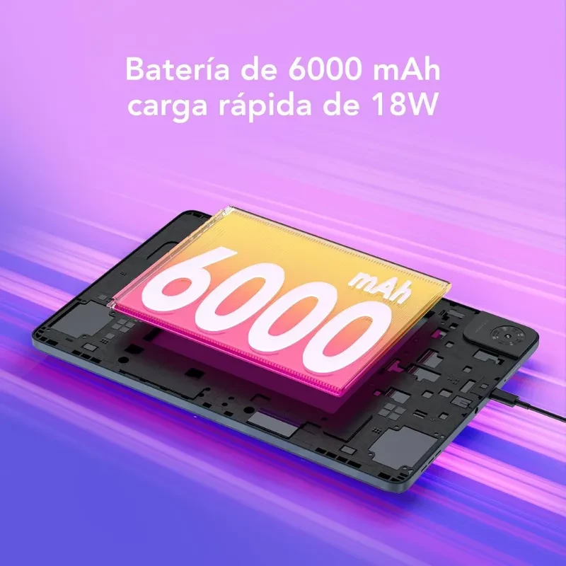 TCL TAB 10L Gen 4 con batería de 6000 mAh y carga rápida 18W, destacada sobre el interior del dispositivo; diseño delgado y moderno en color oscuro