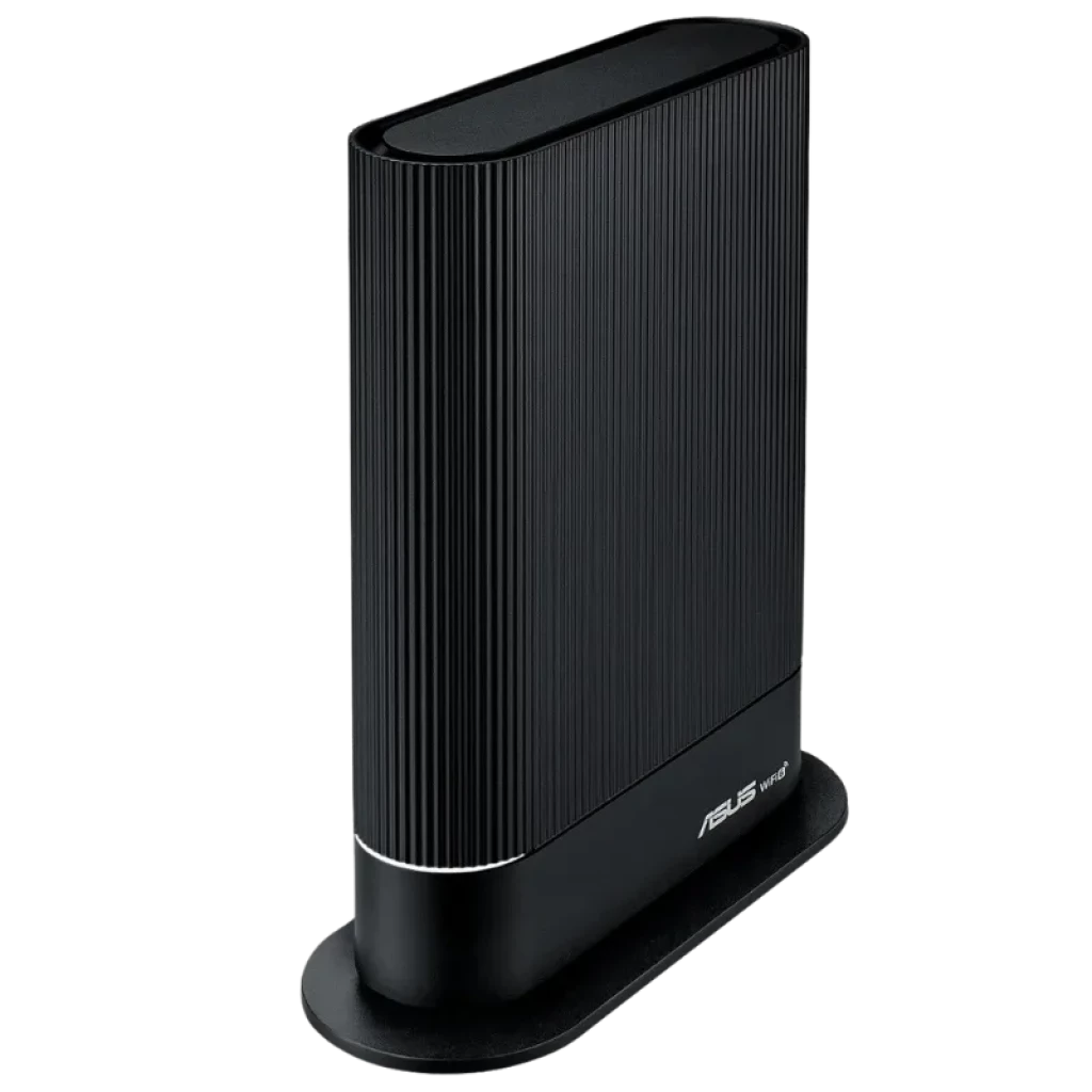 ASUS RT-AX59U negro vertical con acabado estriado, base estable y diseño minimalista; carcasa negra mate con logo ASUS en plateado en la parte inferior