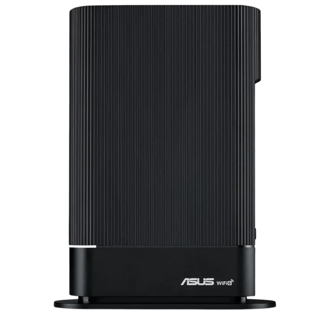 ASUS RT-AX59U router negro vertical, diseño estriado, base estable, LED frontal sutil y logotipo ASUS WiFi 6 en la parte inferior
