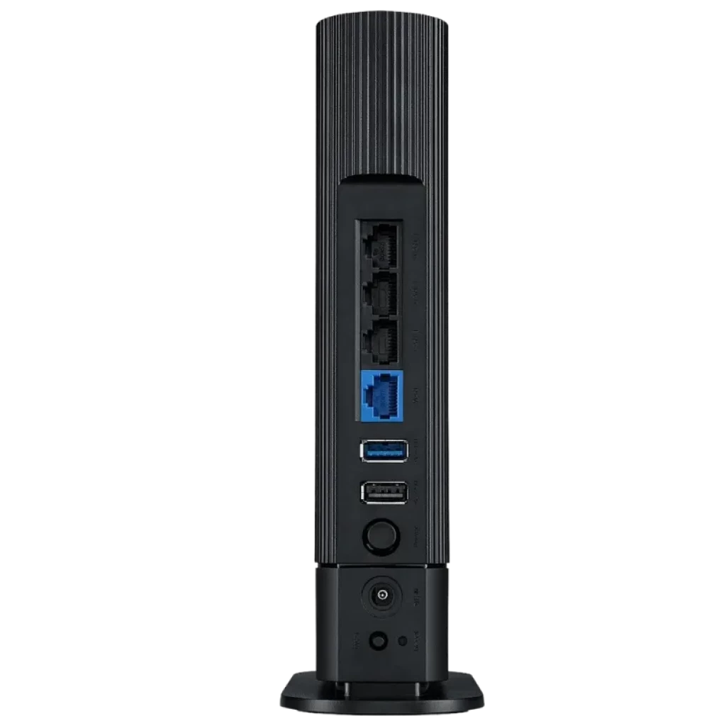 Parte trasera del router negro con puertos: 1 WAN azul, 3 LAN Gigabit, USB 3.0, USB 2.0, botón WPS, alimentación y base vertical con acabado acanalado