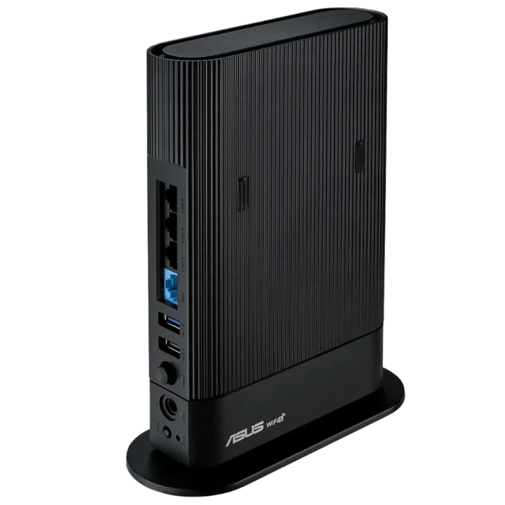 ASUS RT-AX59U negro vertical con diseño estriado, puertos Gigabit Ethernet, USB y botón WPS en el lateral, base estable y acabado mate elegante