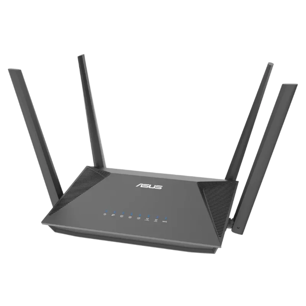 Routeur ASUS RT-AX52 Pro AX3000 WiFi 6 double bande avec 4 antennes externes, design noir angulaire et voyants d'état à l'avant
