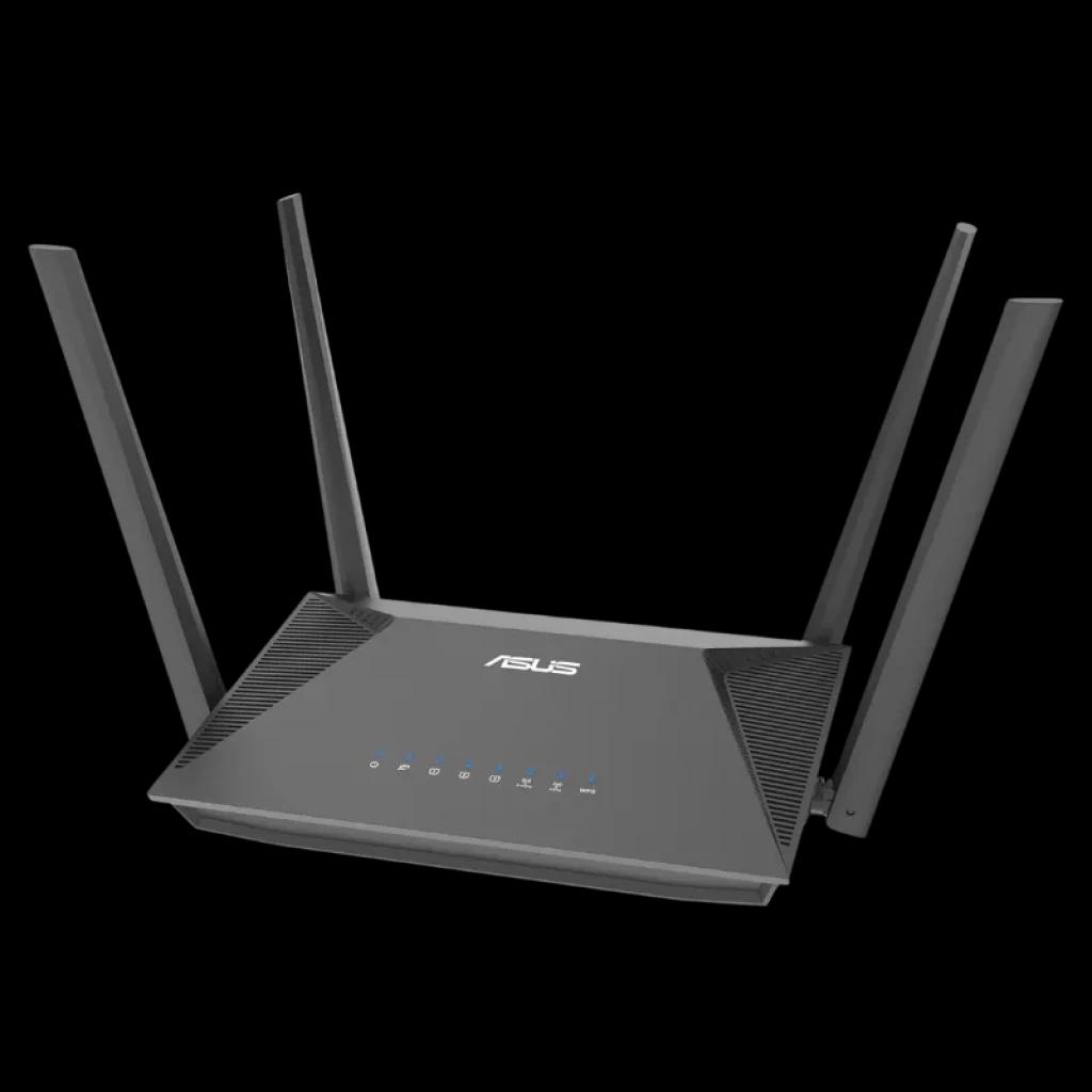 Routeur ASUS RT-AX52 Pro AX3000 WiFi 6 double bande avec 4 antennes externes, design noir angulaire et voyants d'état à l'avant