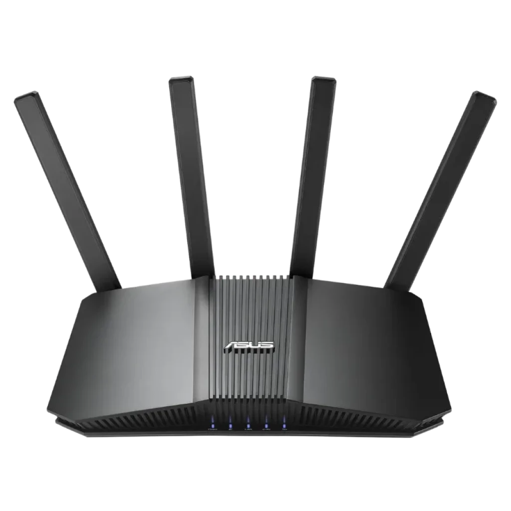 Router ASUS RT-BE82U negro con cuatro antenas externas, luces LED frontales y diseño angular; doble banda WiFi 7 compatible con AiMesh
