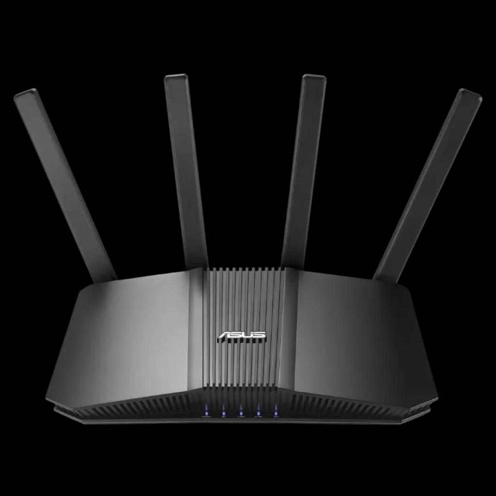 Router ASUS RT-BE82U negro con cuatro antenas externas, luces LED frontales y diseño angular; doble banda WiFi 7 compatible con AiMesh