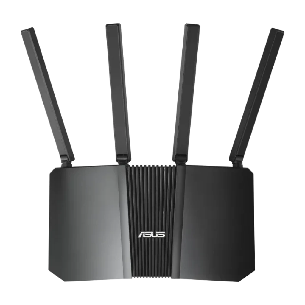 ASUS RT-BE82U BE6500 WiFi 7, router de doble banda negro con cuatro antenas externas ajustables y diseño angular con rejilla central y logo ASUS en el frente