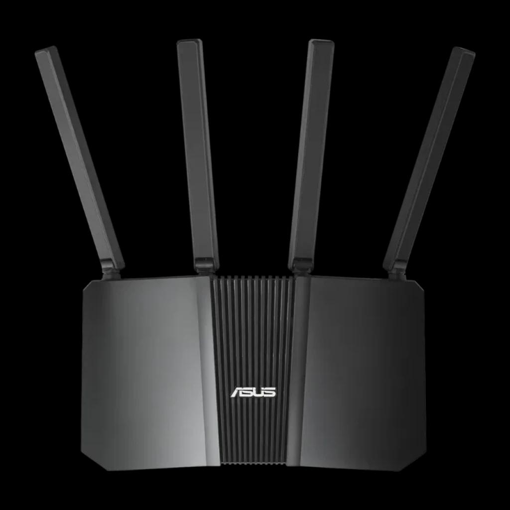 ASUS RT-BE82U BE6500 WiFi 7, router de doble banda negro con cuatro antenas externas ajustables y diseño angular con rejilla central y logo ASUS en el frente