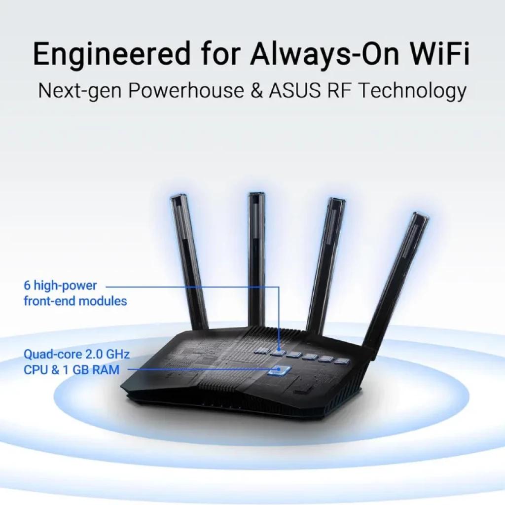 Router ASUS RT-BE82U BE6500 WiFi 7 con 6 antenas altas, diseño negro angular, LEDs frontales y botones visibles
