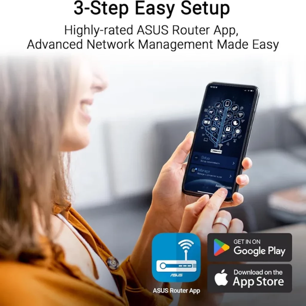 App ASUS Router para configurar en 3 pasos; interfaz móvil con gestión avanzada de red. Compatible con Google Play y App Store. Icono de WiFi destacado.