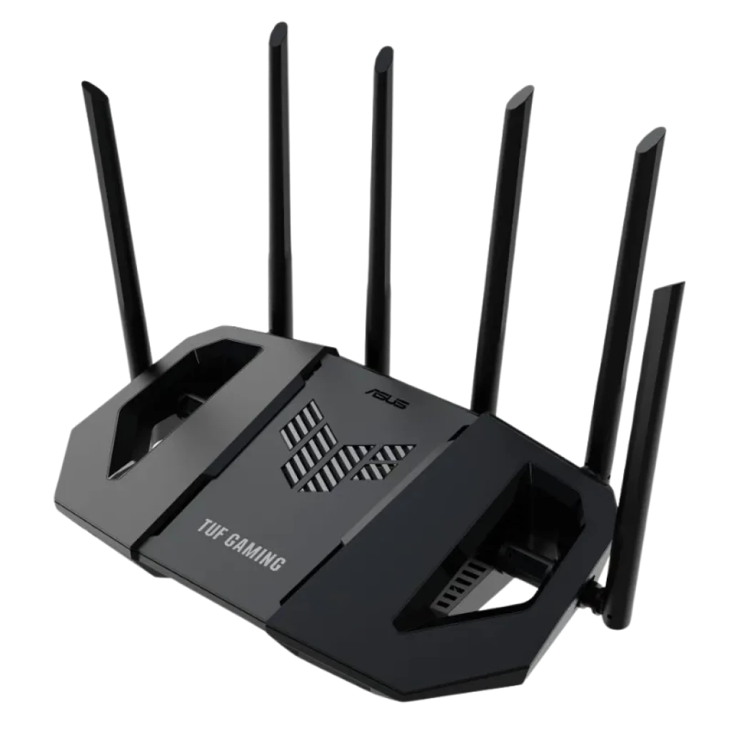 Router ASUS TUF Gaming BE6500 WiFi 7 negro con 8 antenas altas, diseño robusto y rejillas de ventilación, logo TUF iluminado y acabados angulares gaming