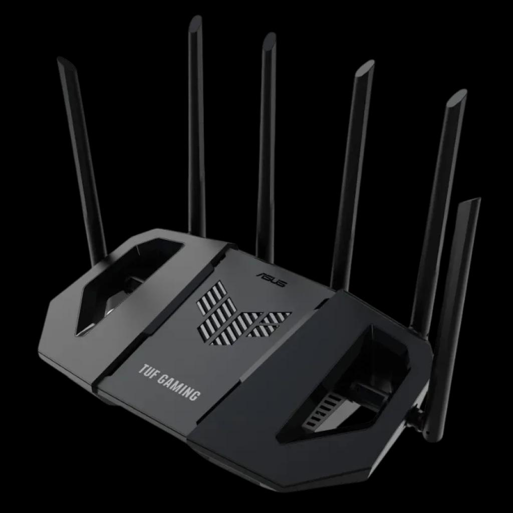 Routeur ASUS TUF Gaming BE6500 WiFi 7 noir avec 8 antennes hautes, conception robuste et grilles d'aération, logo TUF illuminé et finitions angulaires gaming