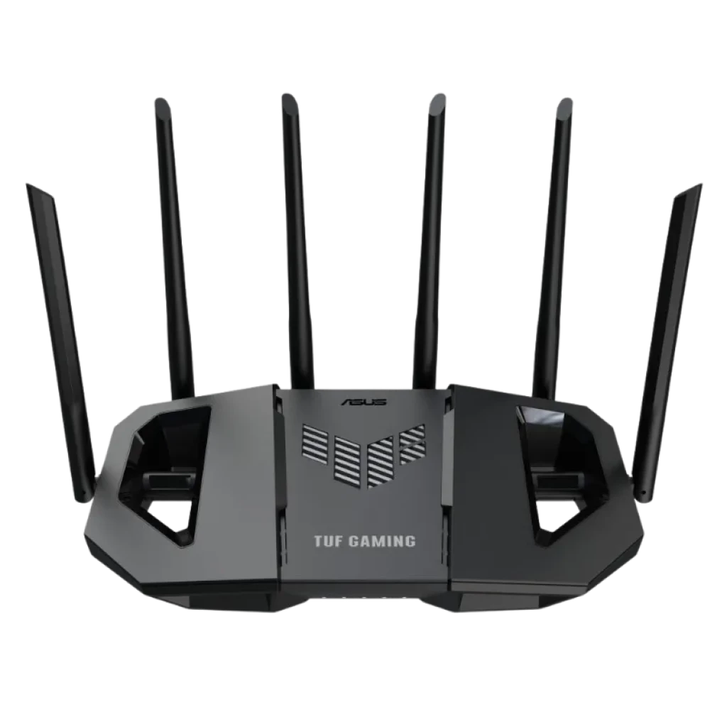 Routeur ASUS TUF Gaming BE6500 WiFi 7 avec design noir robuste, six antennes externes réglables, logo TUF à l'avant et ventilation latérale pour une puissance élevée