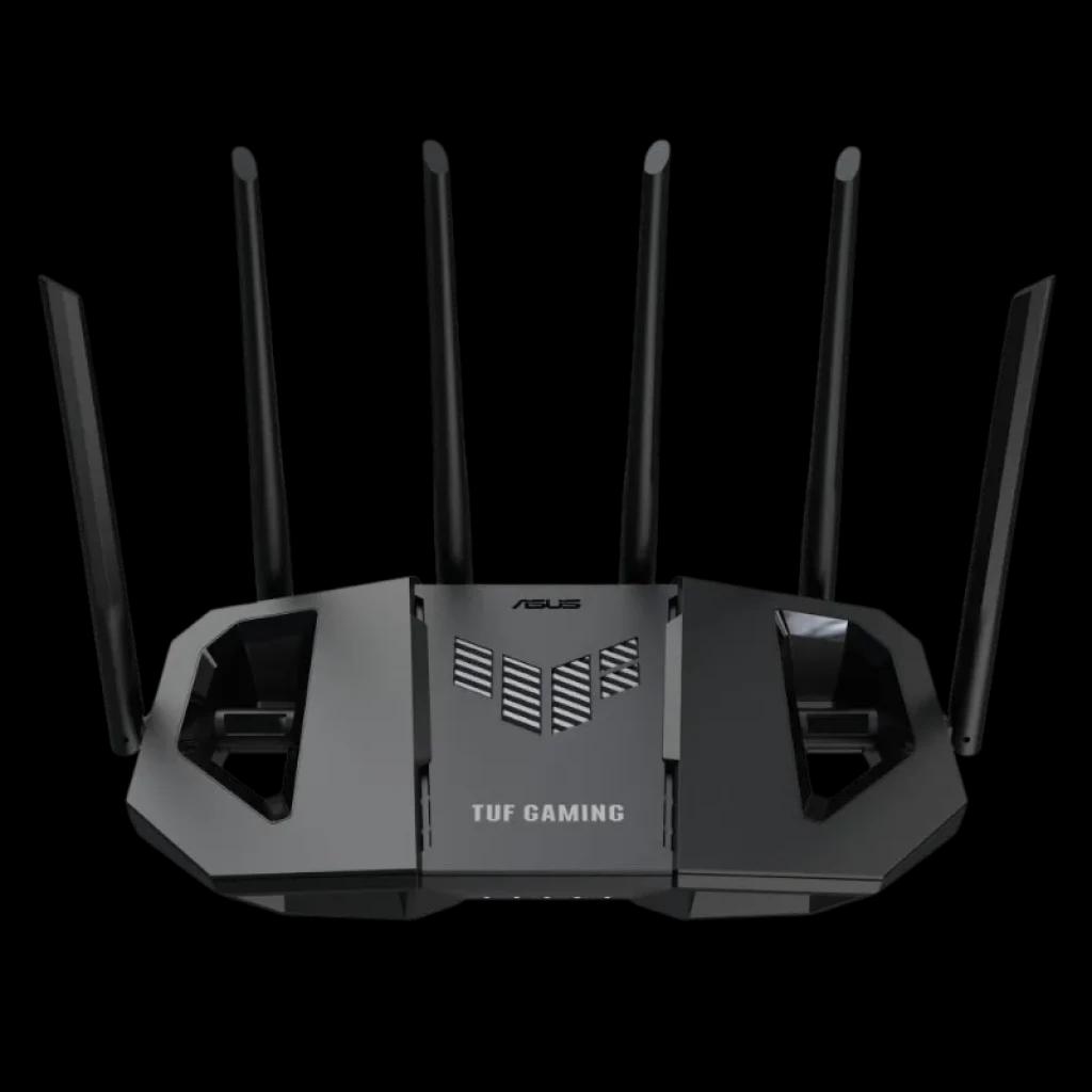 Routeur ASUS TUF Gaming BE6500 WiFi 7 avec design noir robuste, six antennes externes réglables, logo TUF à l'avant et ventilation latérale pour une puissance élevée