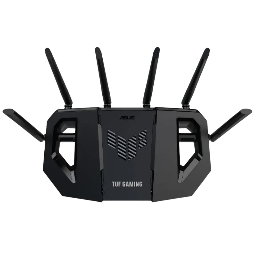 ASUS TUF Gaming BE6500 WiFi 7, routeur noir robuste avec 6 antennes réglables, design angulaire avec logo TUF central et grilles latérales pour la ventilation