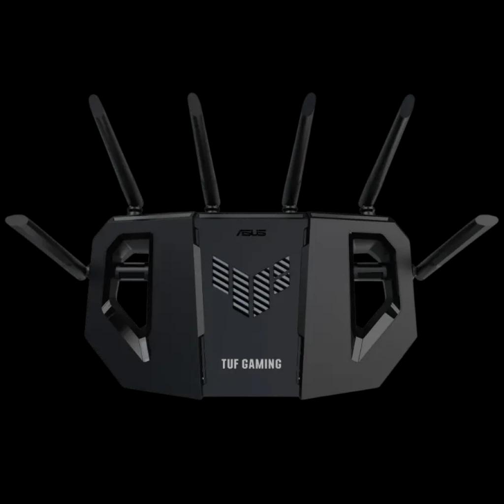 ASUS TUF Gaming BE6500 WiFi 7, routeur noir robuste avec 6 antennes réglables, design angulaire avec logo TUF central et grilles latérales pour la ventilation