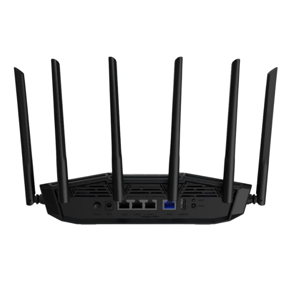 Routeur ASUS TUF Gaming BE6500 WiFi 7 double bande, design noir robuste avec 8 antennes externes, ports Ethernet à l'arrière et finitions angulaires gaming