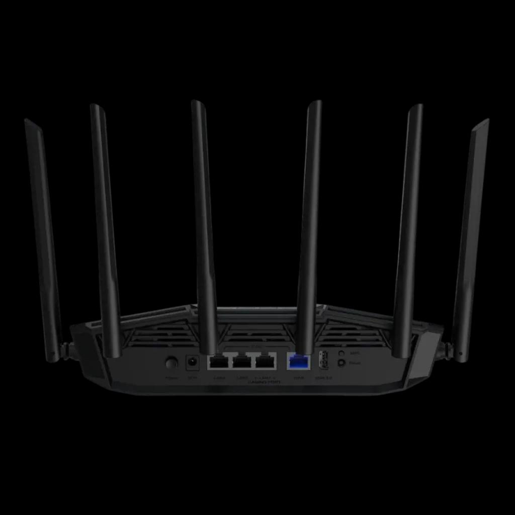 Routeur ASUS TUF Gaming BE6500 WiFi 7 double bande, design noir robuste avec 8 antennes externes, ports Ethernet à l'arrière et finitions angulaires gaming