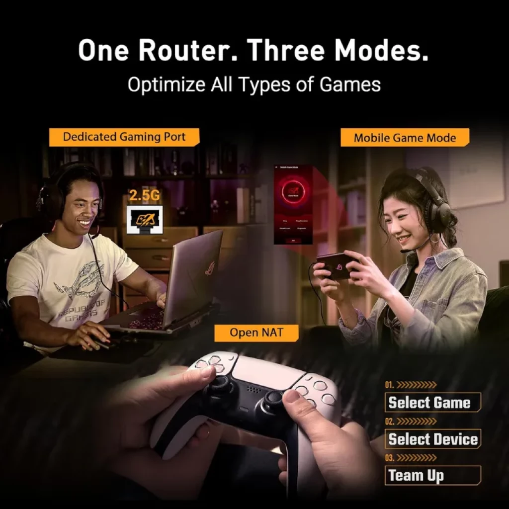 Routeur ASUS TUF Gaming BE6500 WiFi 7 noir avec antennes coudées, port gaming 2,5G, mode mobile et Open NAT