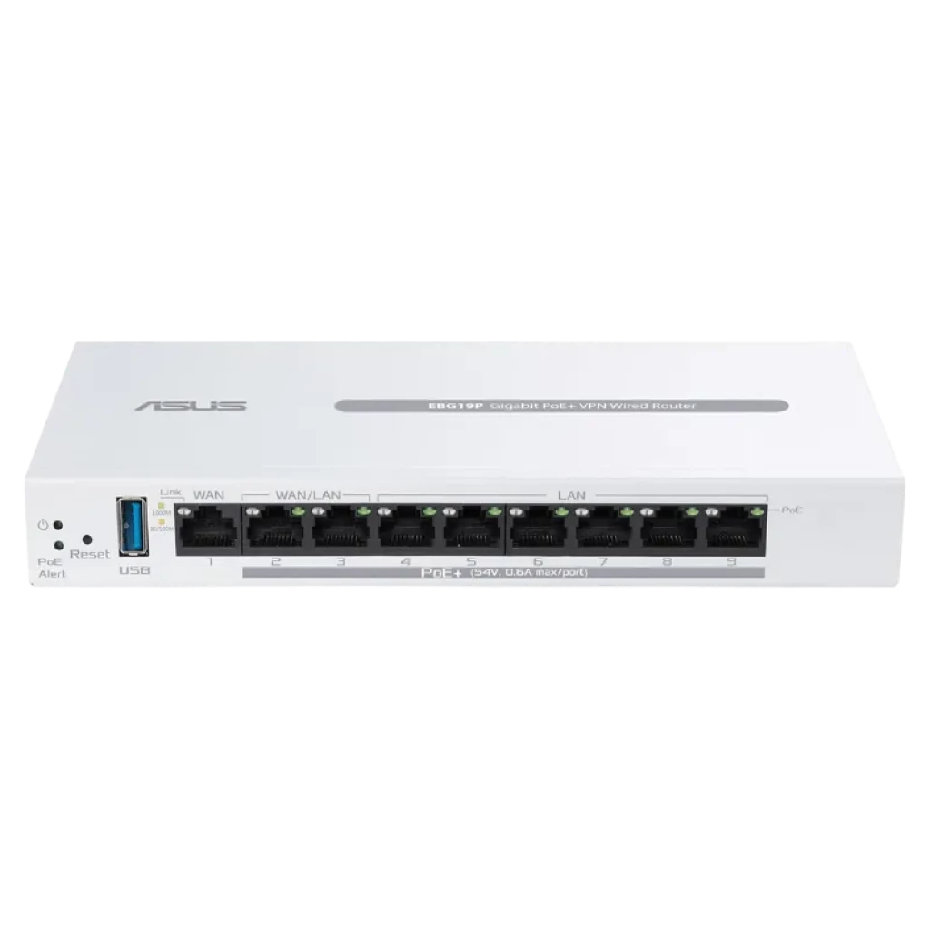 Détail des connexions Gigabit RJ45 et du port USB 3.2 sur l'ASUS EBG19P