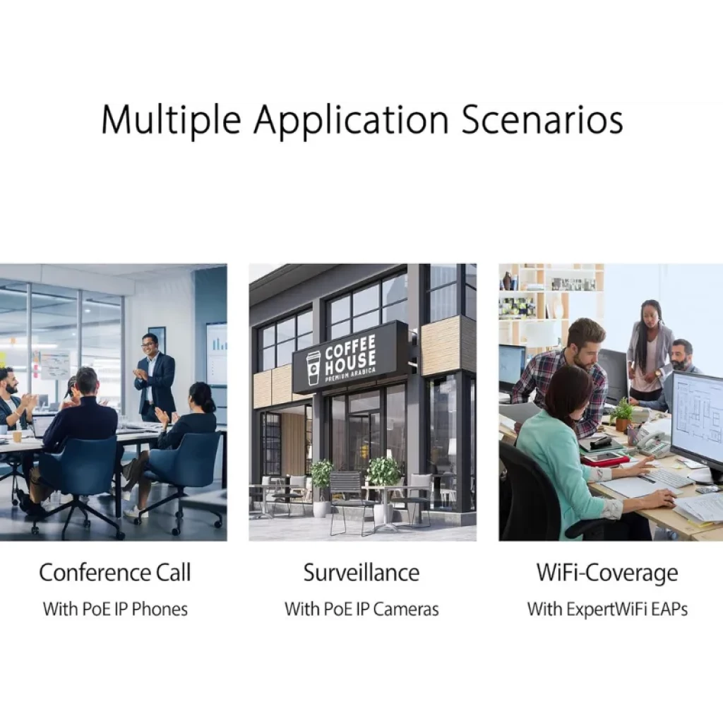 ASUS ExpertWiFi EBG19P, routeur VPN Gigabit métallique avec 8 ports PoE+, voyants LED frontaux et indicateurs clairs ; idéal pour la voix sur IP, les caméras et la couverture WiFi