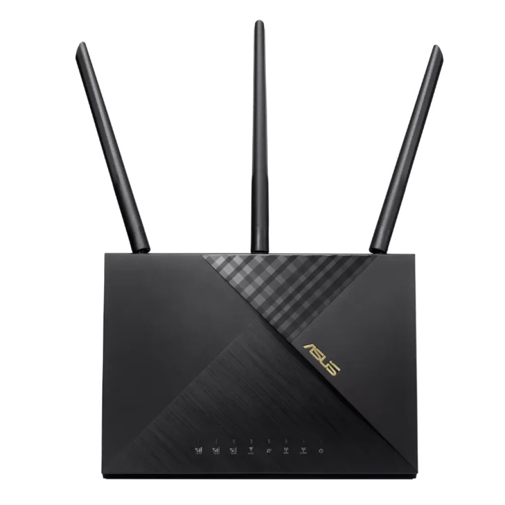 Routeur ASUS 4G-AX56 noir avec trois antennes externes réglables, design géométrique mat et brillant, logo ASUS doré et voyants d'état à l'avant
