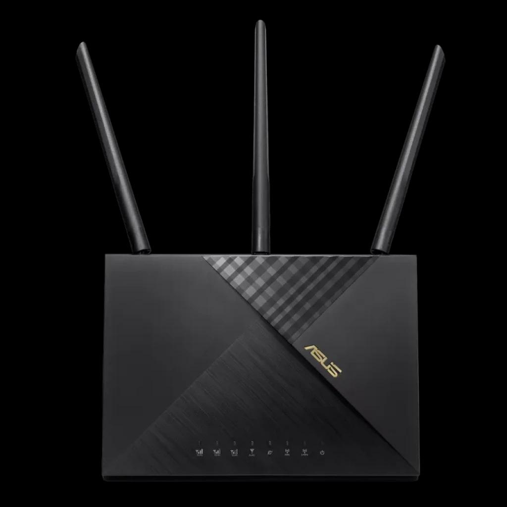 Routeur ASUS 4G-AX56 noir avec trois antennes externes réglables, design géométrique mat et brillant, logo ASUS doré et voyants d'état à l'avant