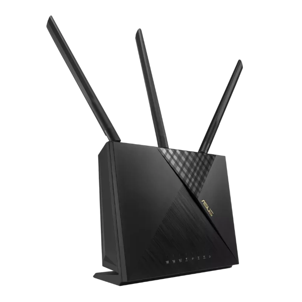 Routeur ASUS 4G-AX56 noir au design angulaire, deux antennes externes réglables et logo doré ; finition mate et détails texturés sur le panneau avant