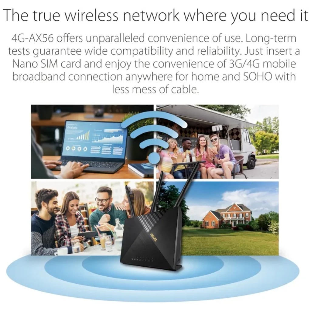Routeur ASUS 4G-AX56 AX1800 WiFi 6 double bande avec deux antennes externes, emplacement Nano SIM LTE Cat.6 et design noir avec voyants LED à l'avant