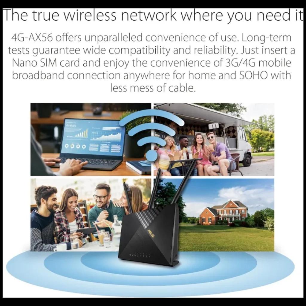 Routeur ASUS 4G-AX56 AX1800 WiFi 6 double bande avec deux antennes externes, emplacement Nano SIM LTE Cat.6 et design noir avec voyants LED à l'avant