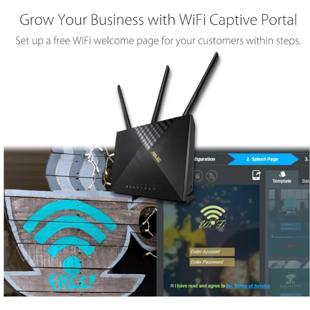 Routeur ASUS 4G-AX56 noir avec trois antennes externes, design angulaire avec voyants LED à l'avant et logo ASUS doré ; interface de configuration sur fond d'écran