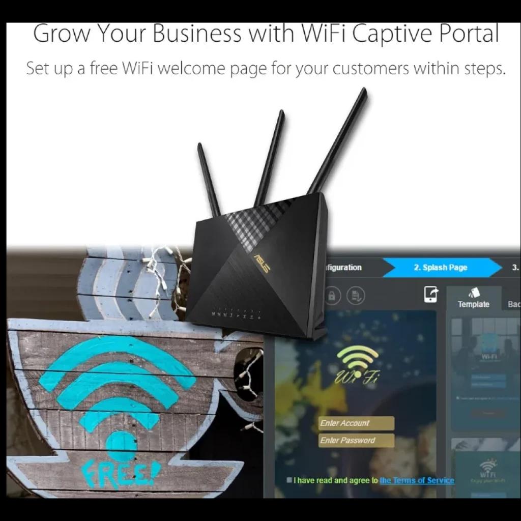 Routeur ASUS 4G-AX56 noir avec trois antennes externes, design angulaire avec voyants LED à l'avant et logo ASUS doré ; interface de configuration sur fond d'écran