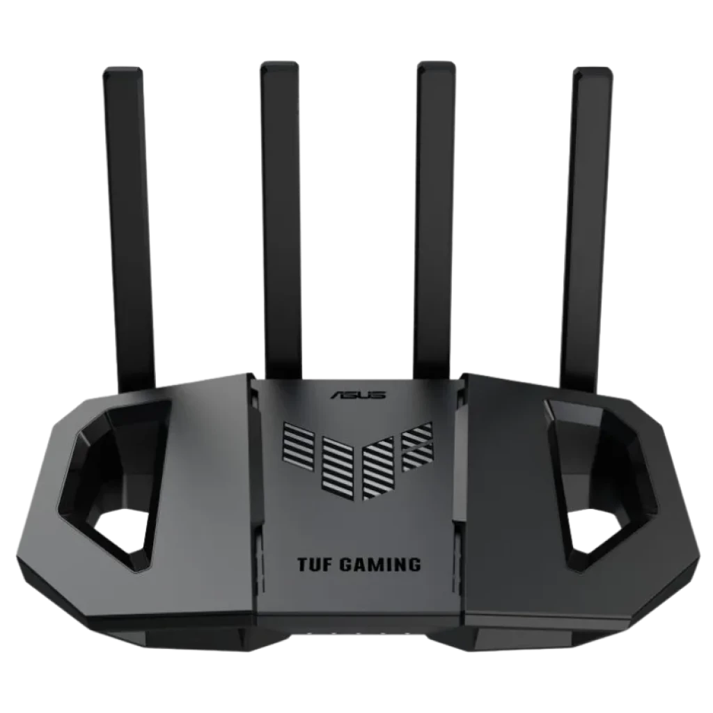 Vista frontal del router ASUS TUF Gaming BE3600 con diseño de cuatro antenas