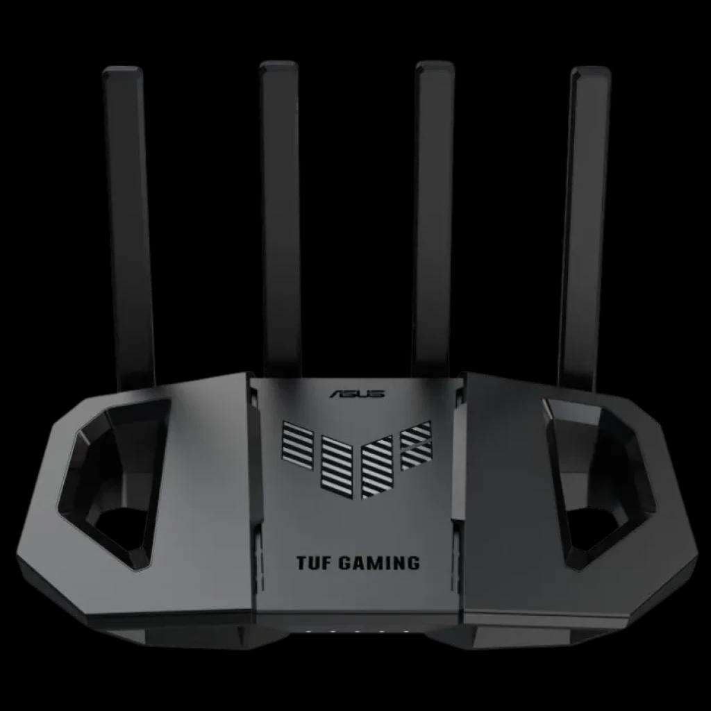 Vue avant du routeur ASUS TUF Gaming BE3600 avec quatre antennes