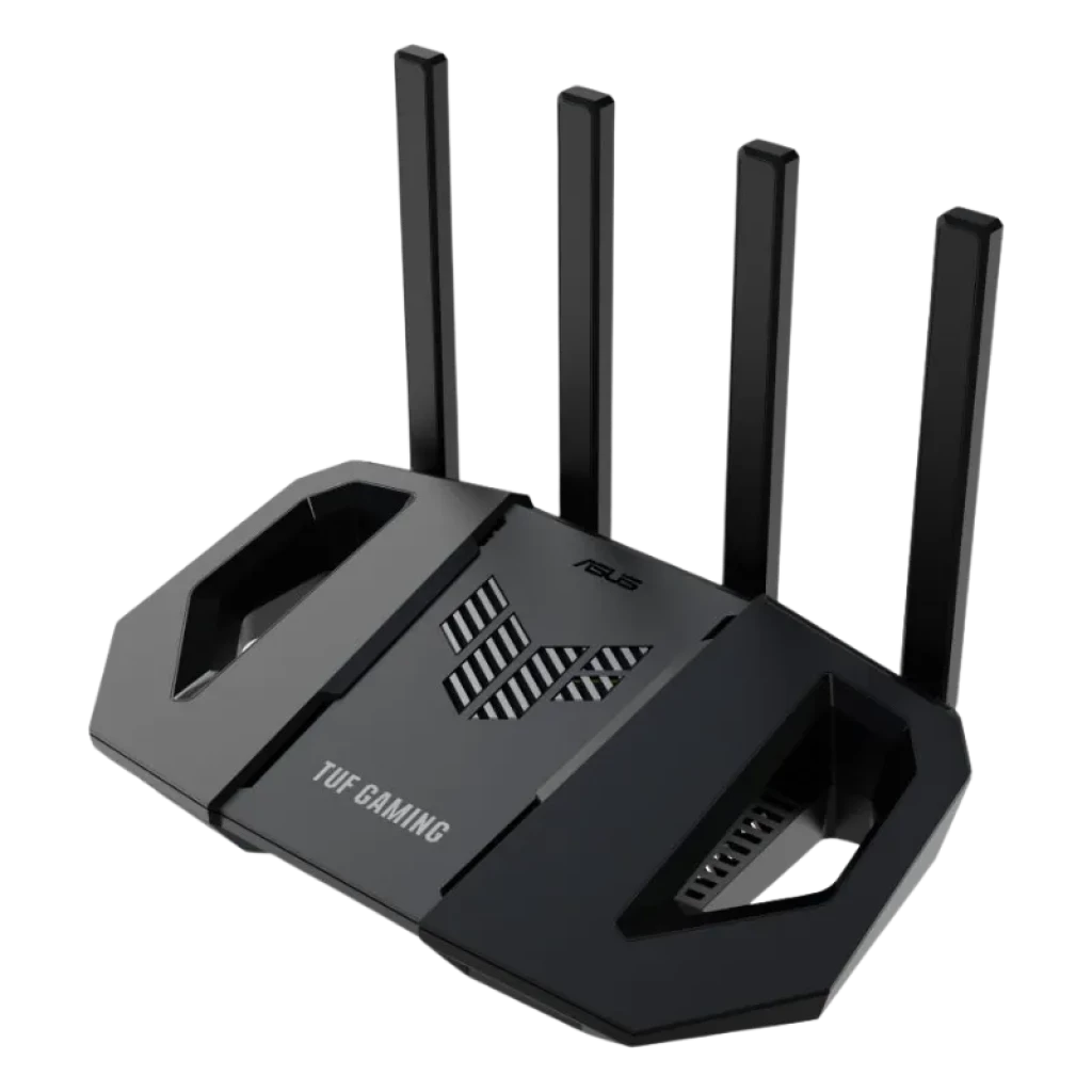 Routeur ASUS TUF Gaming BE3600 WiFi 7 avec design noir angulaire, quatre antennes hautes, grilles latérales et finition robuste axée sur le gaming