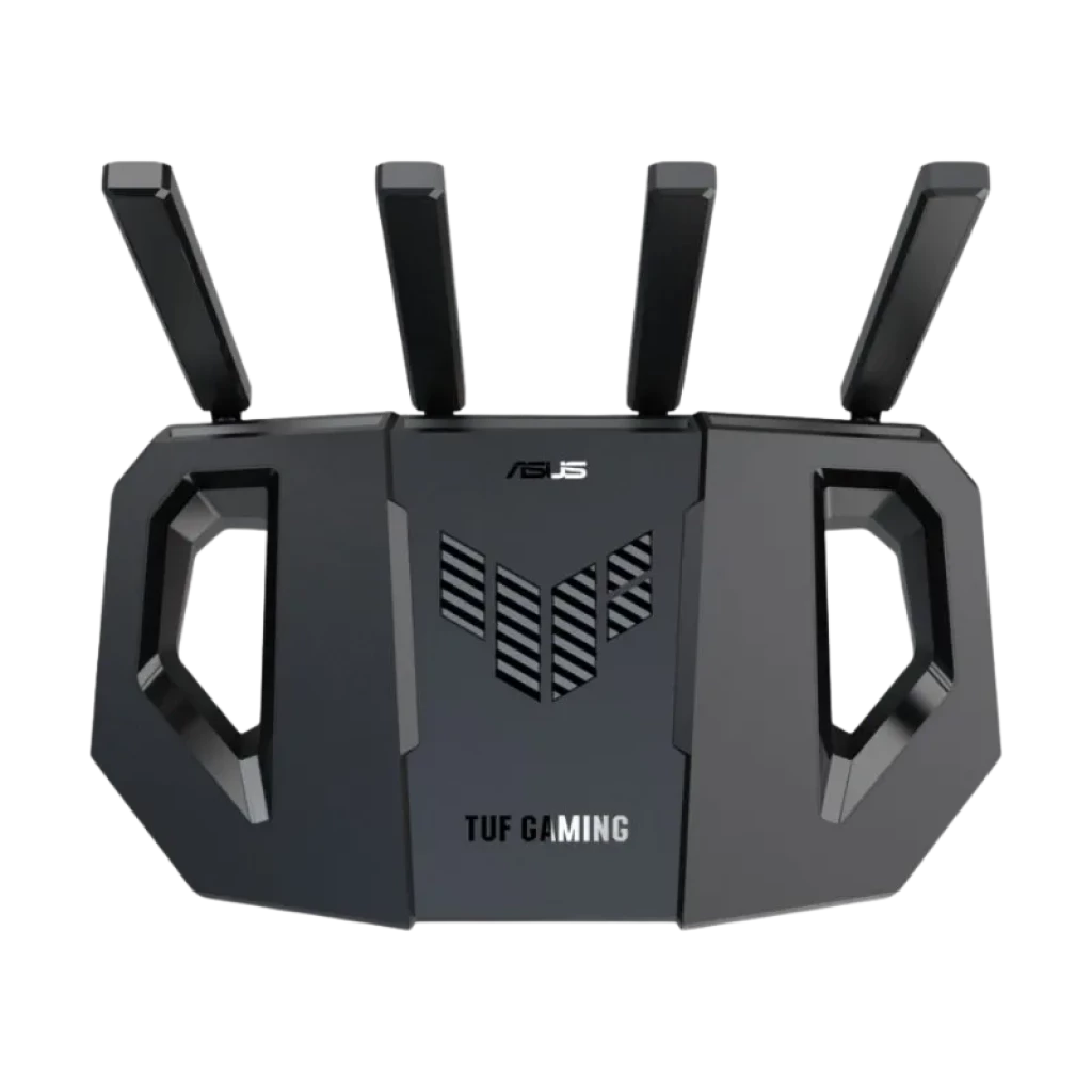 Détail des grilles d'aération et du châssis du routeur TUF BE3600