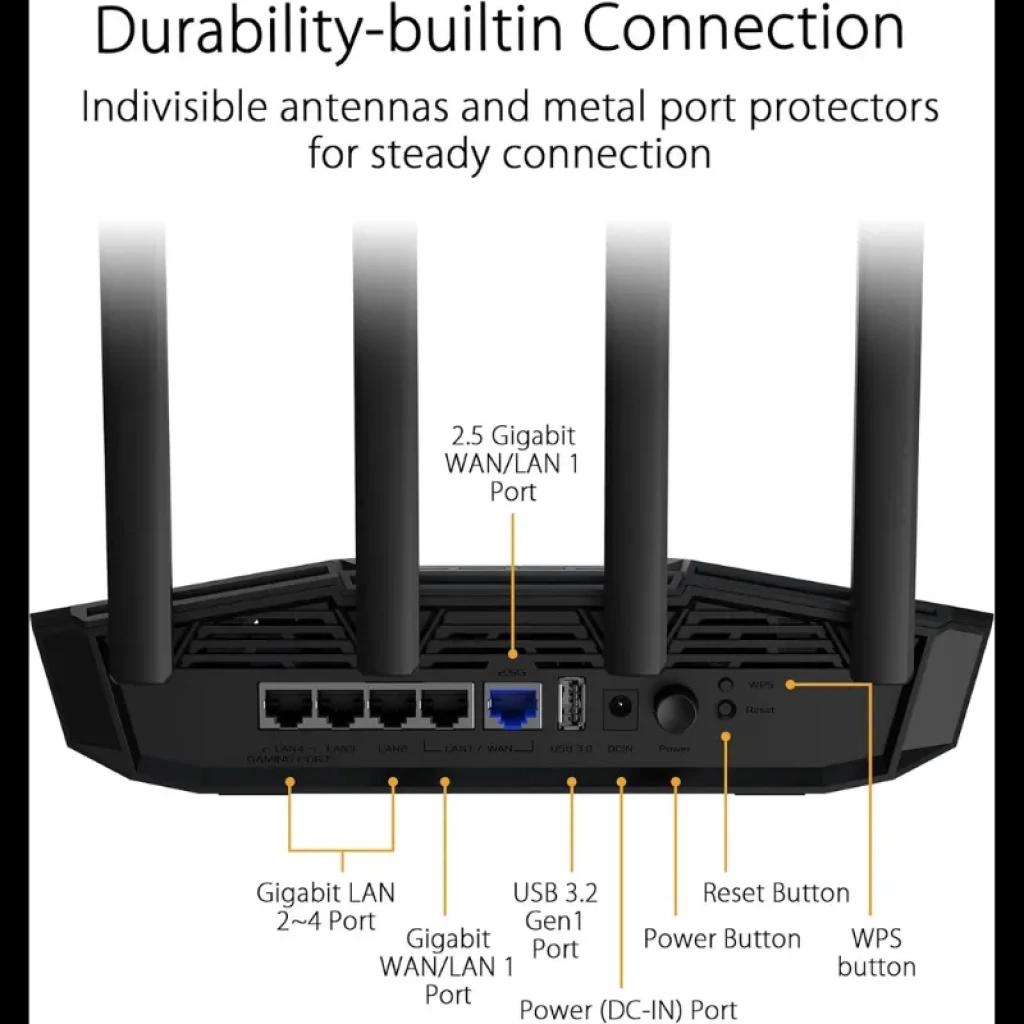 ASUS TUF Gaming BE3600 WiFi 7, routeur noir avec 4 antennes, ports WAN/LAN 2,5G et Gigabit, USB 3.2 Gen1, boutons WPS et reset