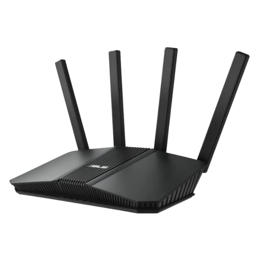 ASUS RT-BE55 WiFi 7 compatible avec AiMesh, routeur noir double bande avec quatre antennes externes et design angulaire