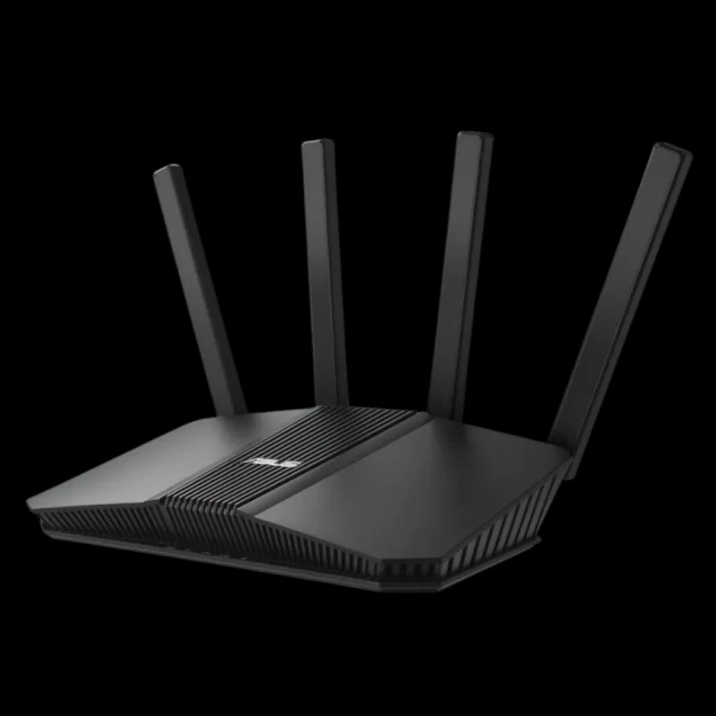 ASUS RT-BE55 WiFi 7 compatible avec AiMesh, routeur noir double bande avec quatre antennes externes et design angulaire