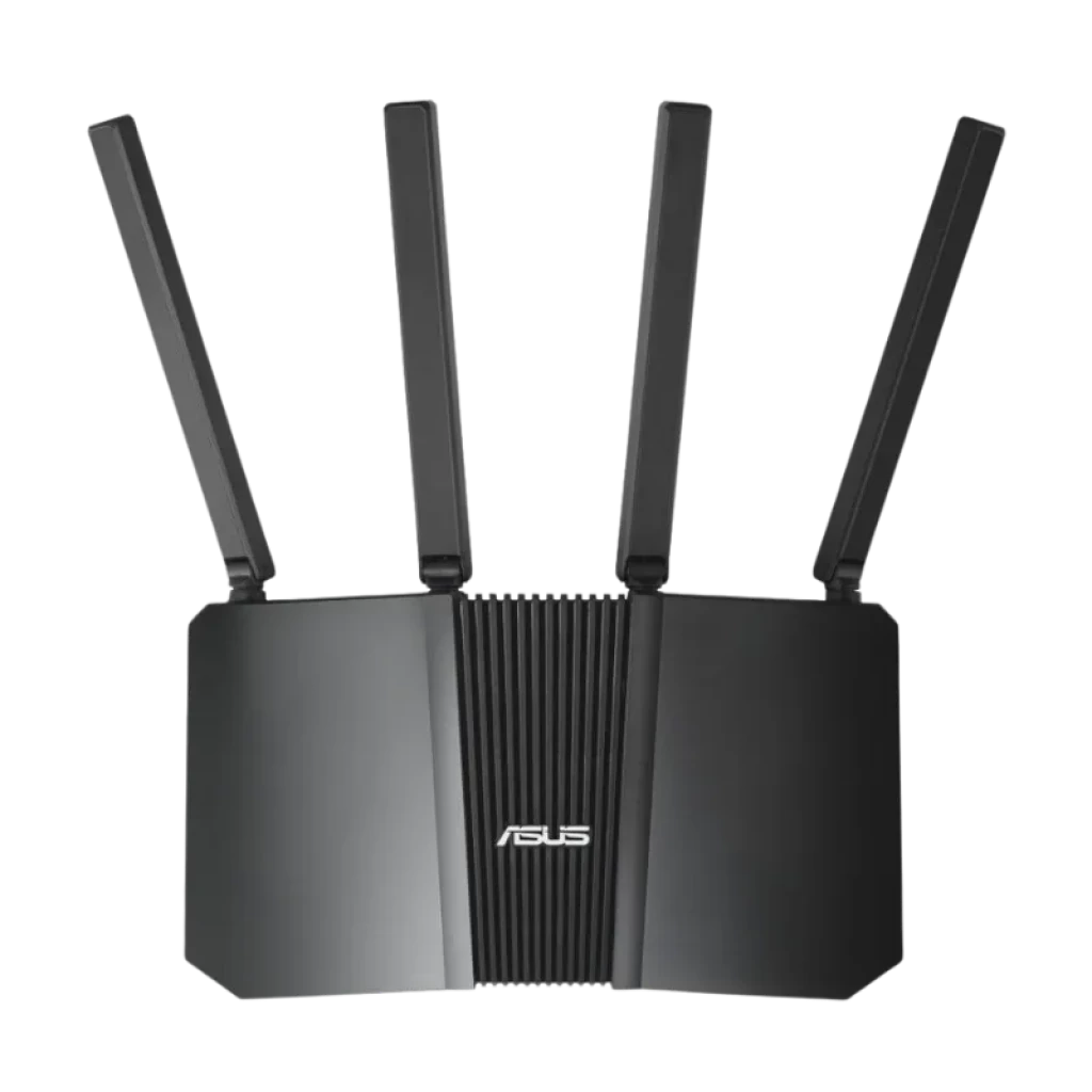 ASUS RT-BE55 WiFi 7 compatible avec AiMesh, routeur noir double bande avec quatre antennes externes réglables et design angulaire avec logo ASUS central