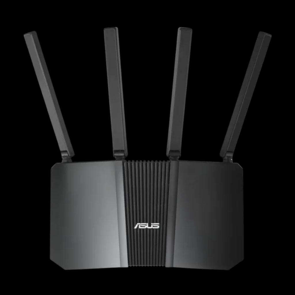 ASUS RT-BE55 WiFi 7 compatible avec AiMesh, routeur noir double bande avec quatre antennes externes réglables et design angulaire avec logo ASUS central