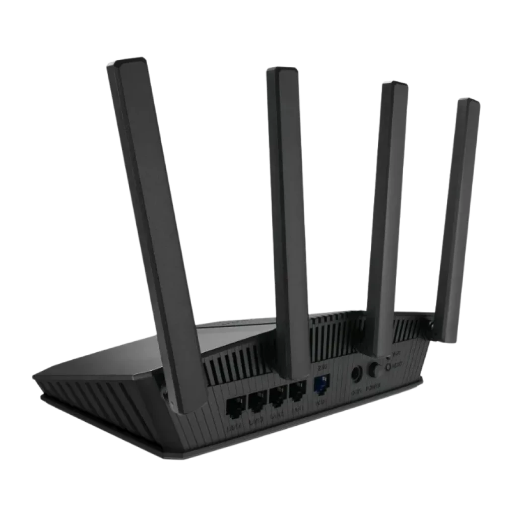 Routeur ASUS RT-BE55 WiFi 7 double bande avec 4 antennes externes réglables, boîtier noir angulaire, ports Ethernet et USB à l'arrière