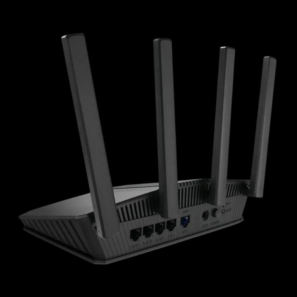 Routeur ASUS RT-BE55 WiFi 7 double bande avec 4 antennes externes réglables, boîtier noir angulaire, ports Ethernet et USB à l'arrière